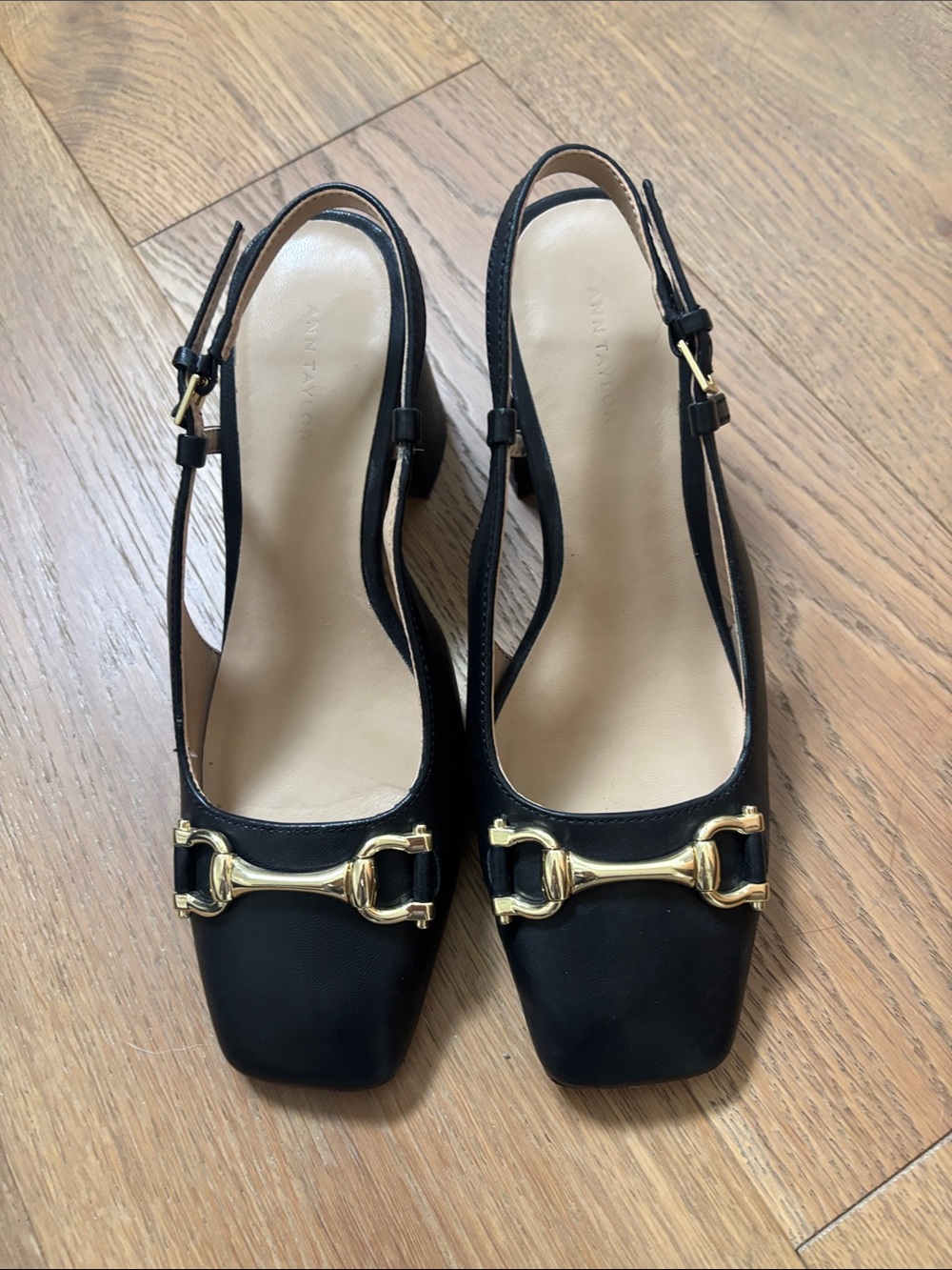 Ann Taylor Black Slingback Mules with Gold Hardware